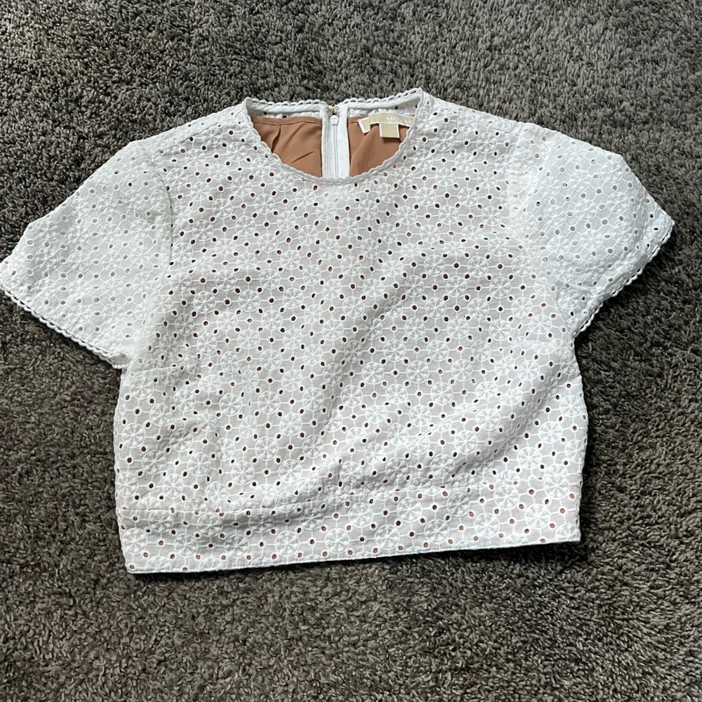 Michael Kors Women's Geo Eyelet Cropped Short Sleeve Top White Size 4